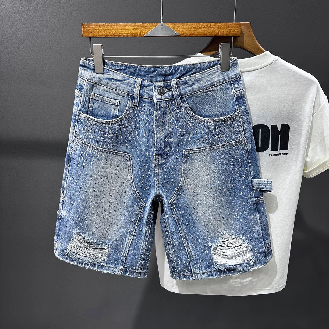 Rhinestone Distressed Denim Shorts
