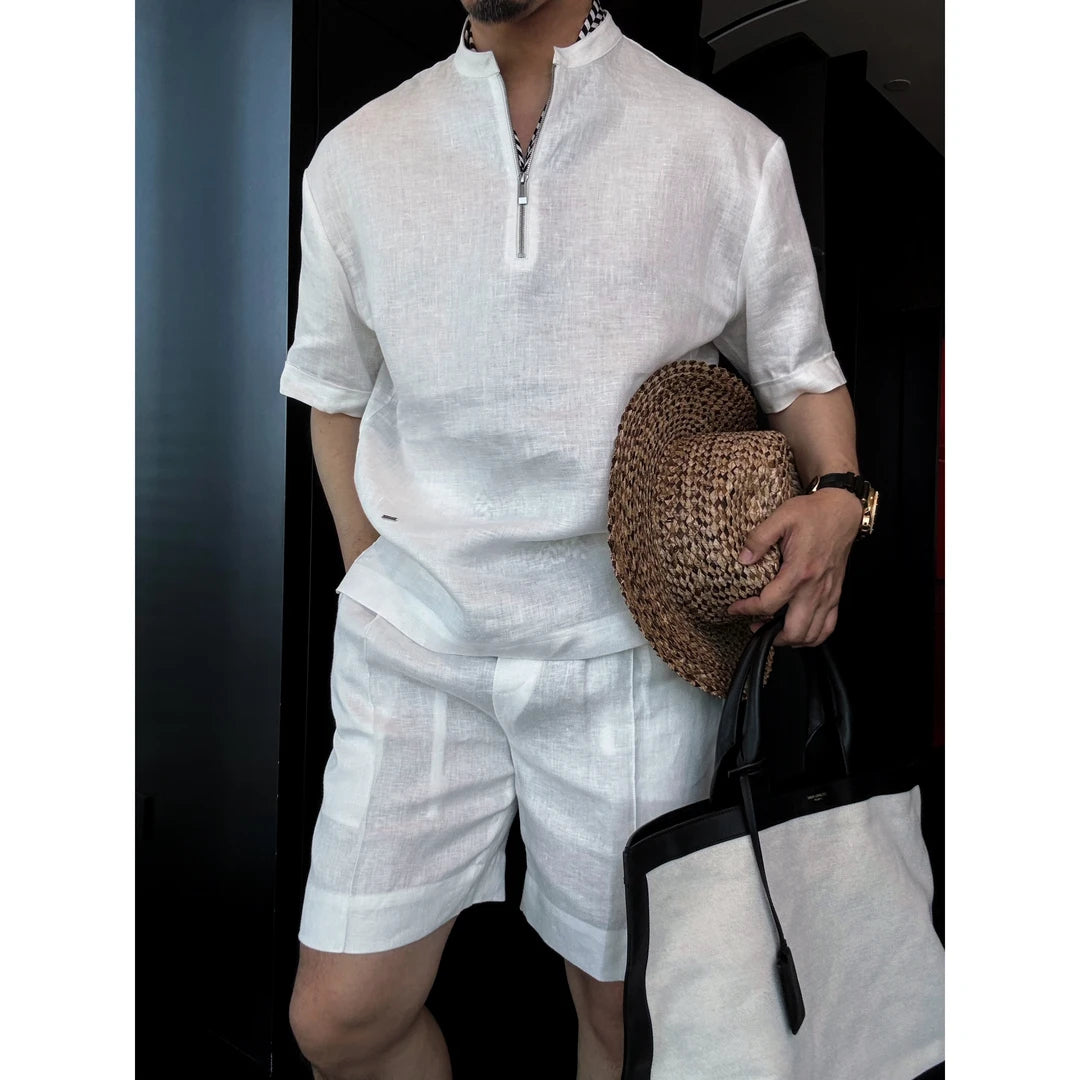 Half-Zip Stand Collar Linen 2-Piece Short Set