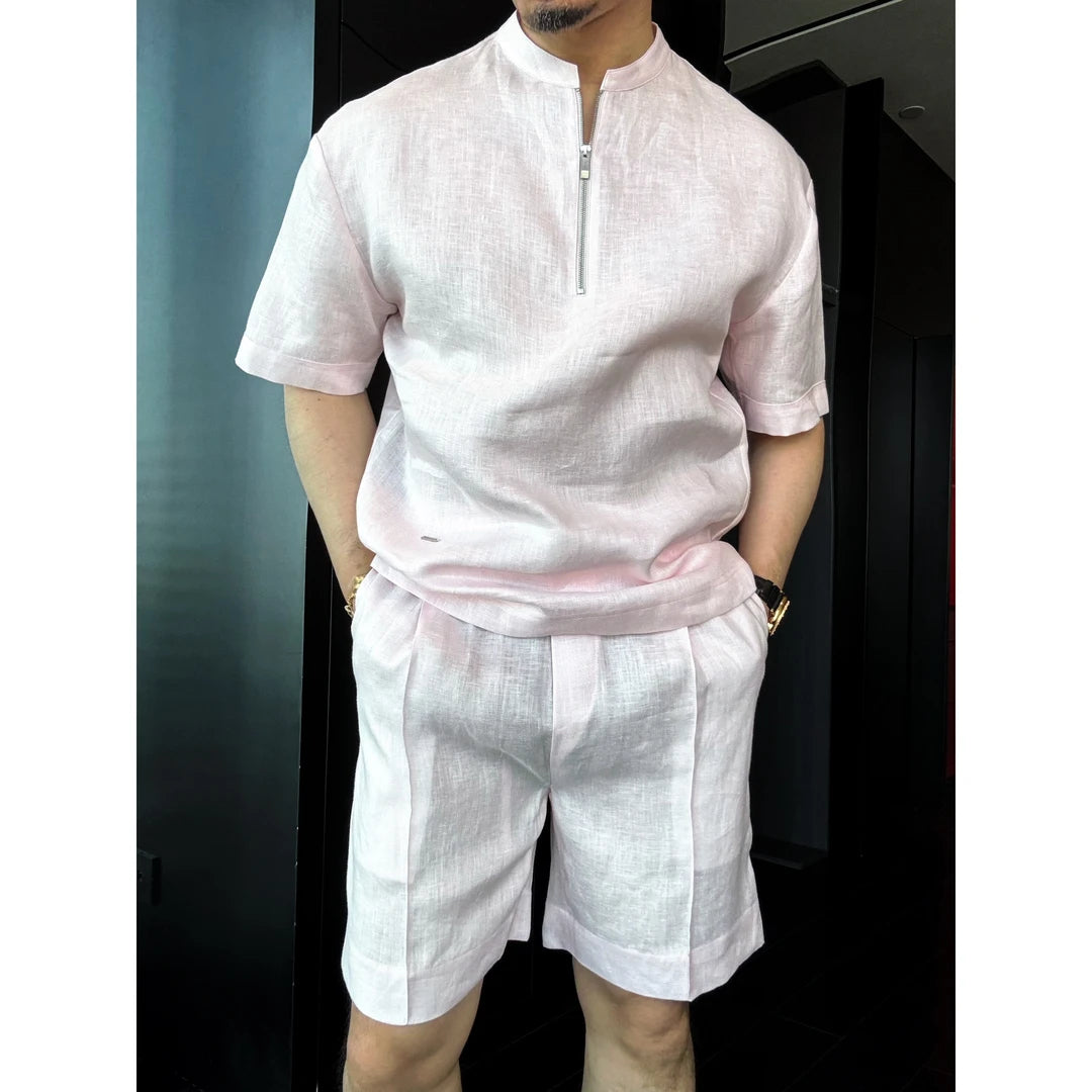Half-Zip Stand Collar Linen 2-Piece Short Set