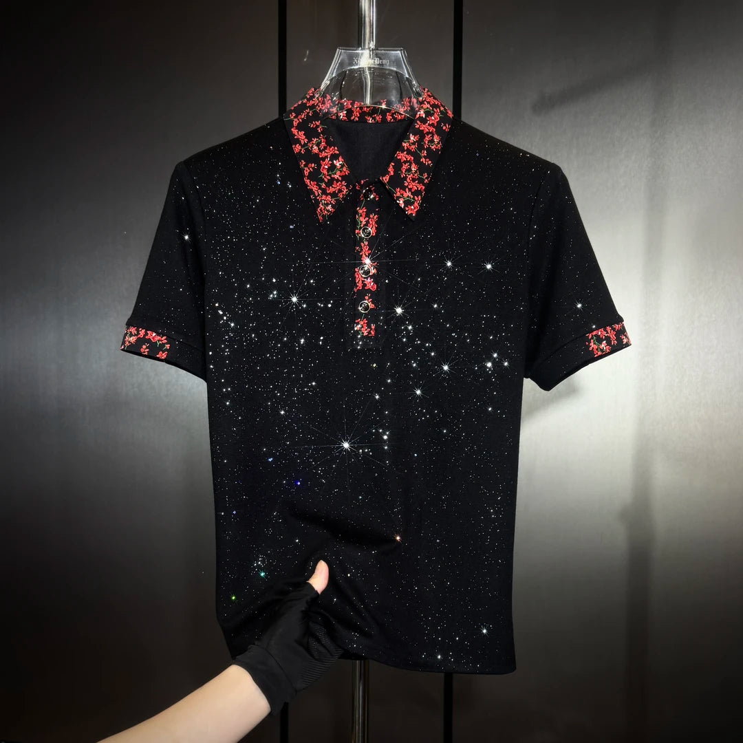 Red Floral Lapel Sequin Shirt