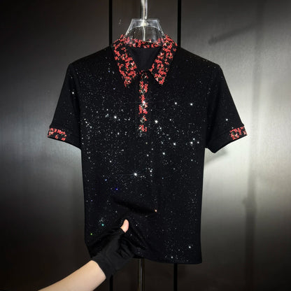 Red Floral Lapel Sequin Shirt