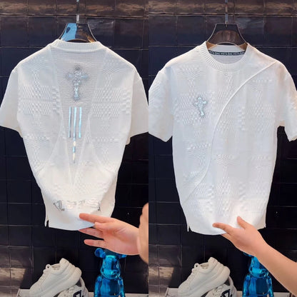 Rose & Cross Embossed Pattern T-Shirt