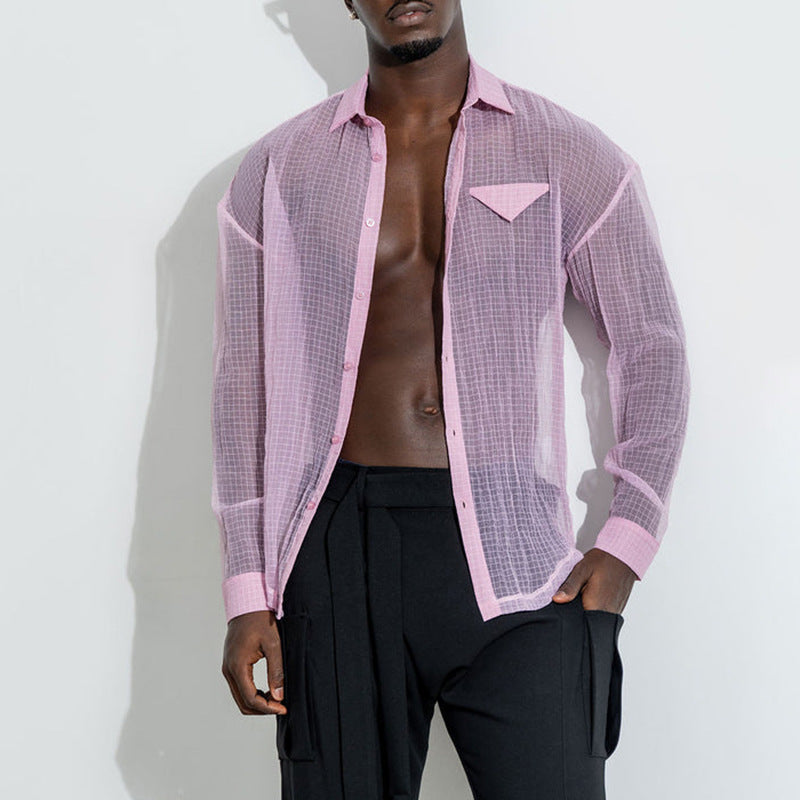 Sheer Mesh Long Sleeve Button-Up Shirt