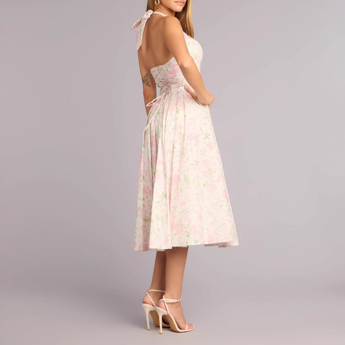 Pink & White Floral Print Halter Neck Tie Waist Midi Dress
