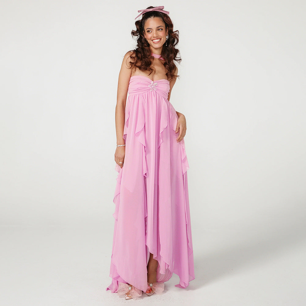 Strapless Tiered Lace Trim Maxi Dress