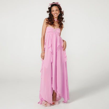 Strapless Tiered Lace Trim Maxi Dress