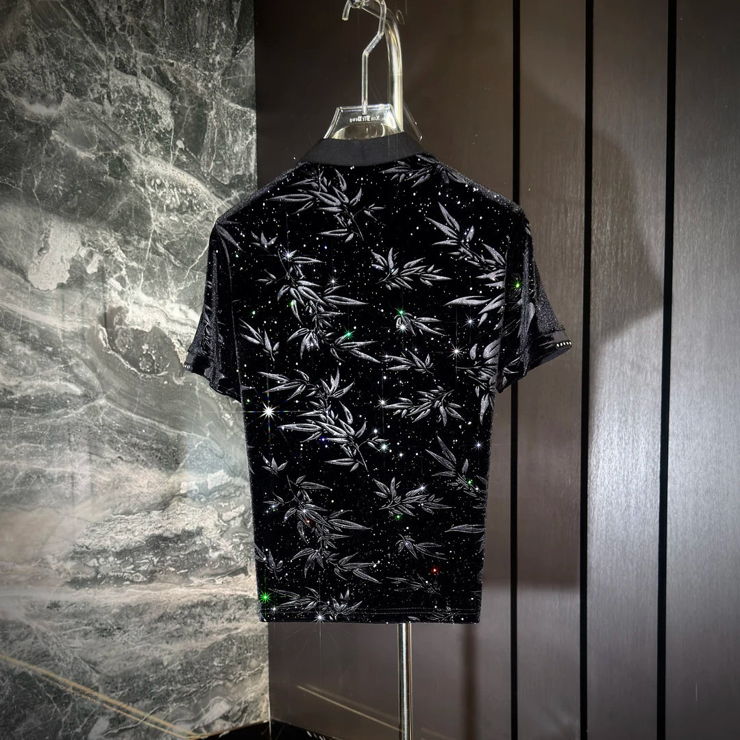 Bamboo Leaf Subtle Pattern Rhinestone Polo Shirt
