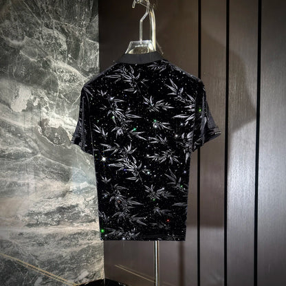 Bamboo Leaf Subtle Pattern Rhinestone Polo Shirt