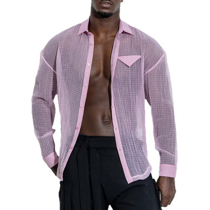 Sheer Mesh Long Sleeve Button-Up Shirt