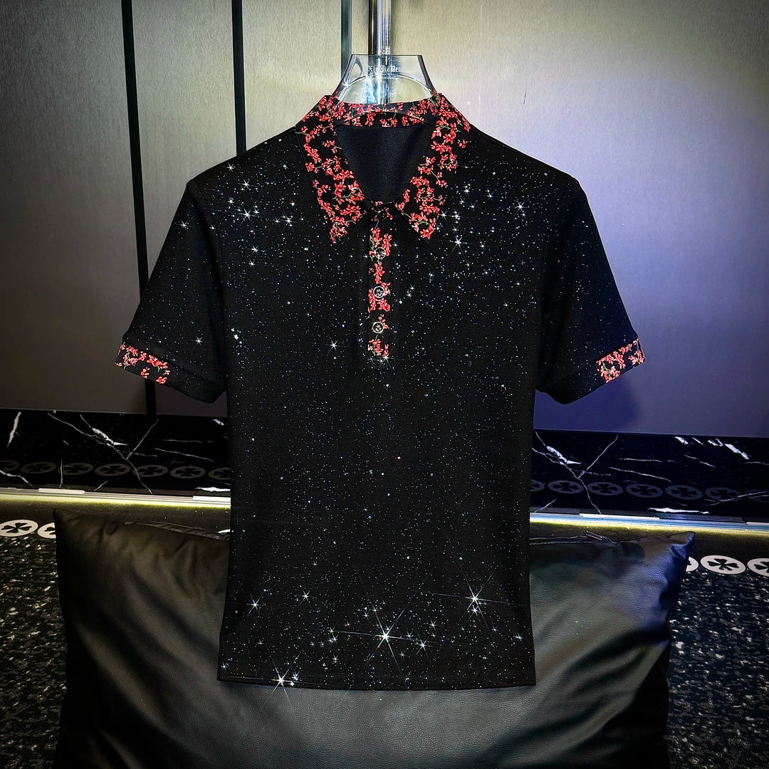 Red Floral Lapel Sequin Shirt
