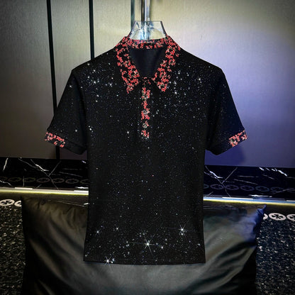 Red Floral Lapel Sequin Shirt