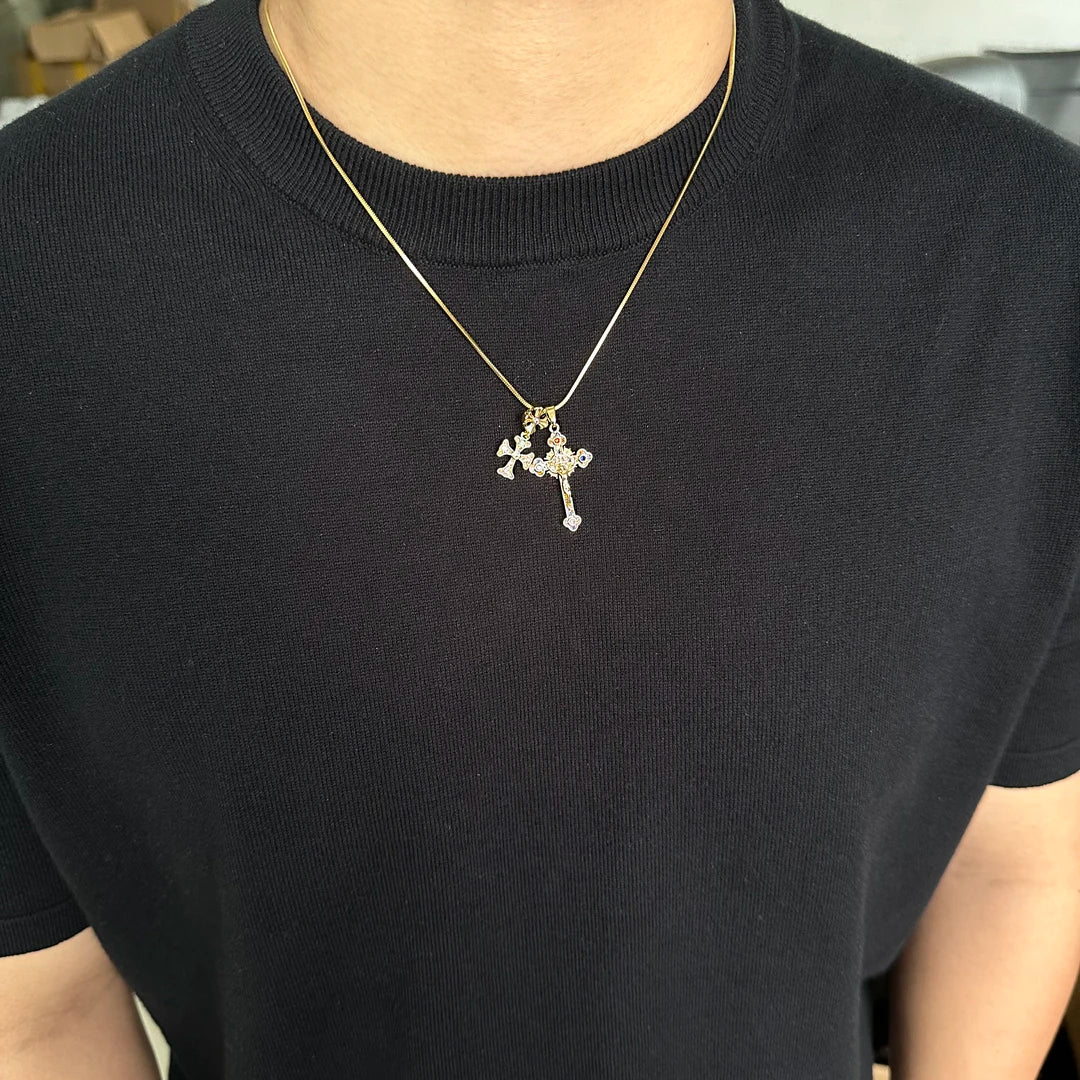 Double Cross Zircon Inlaid Handmade Necklace