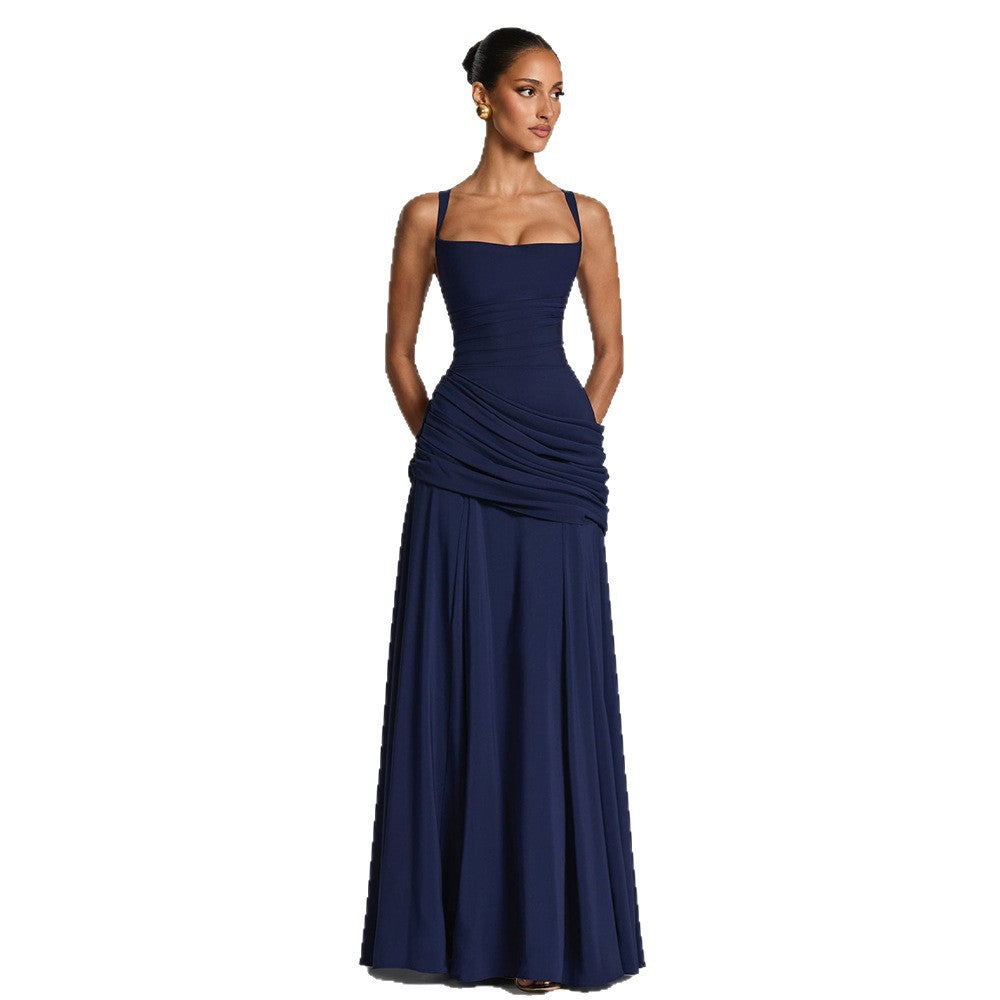 Spaghetti strap low-cut pleated tulle maxi dress