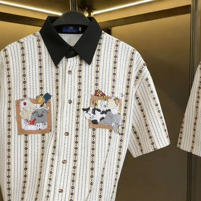 Collared Cartoon Embroidered Striped Shirt