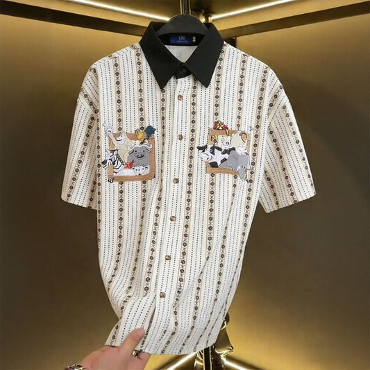 Collared Cartoon Embroidered Striped Shirt