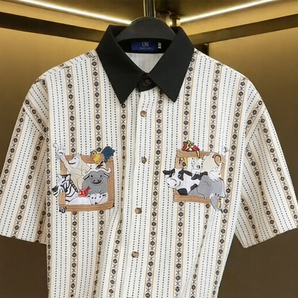 Collared Cartoon Embroidered Striped Shirt