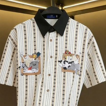 Collared Cartoon Embroidered Striped Shirt