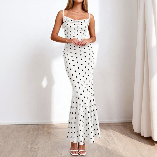 Polka Dot Cowl Neck Fishtail Maxi Dress
