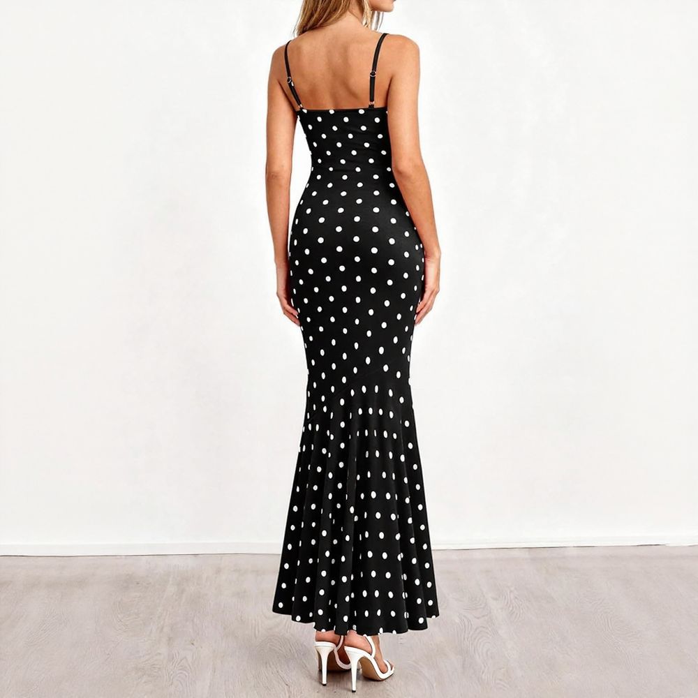 Polka Dot Cowl Neck Fishtail Maxi Dress