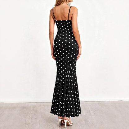 Polka Dot Cowl Neck Fishtail Maxi Dress