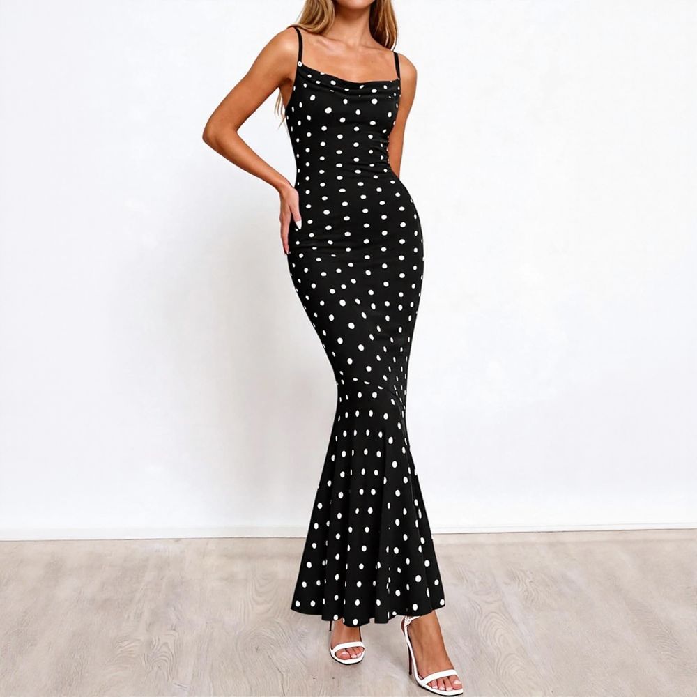 Polka Dot Cowl Neck Fishtail Maxi Dress