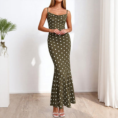 Polka Dot Cowl Neck Fishtail Maxi Dress
