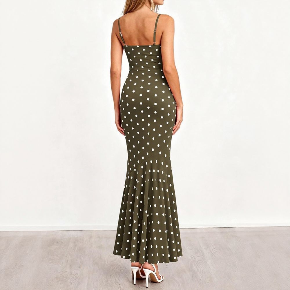 Polka Dot Cowl Neck Fishtail Maxi Dress