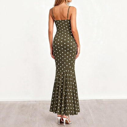 Polka Dot Cowl Neck Fishtail Maxi Dress