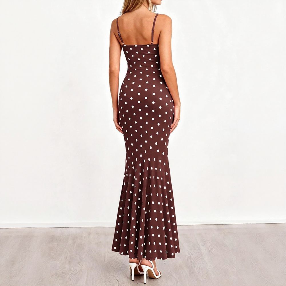 Polka Dot Cowl Neck Fishtail Maxi Dress