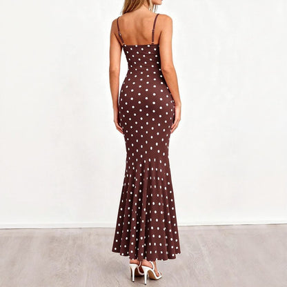 Polka Dot Cowl Neck Fishtail Maxi Dress