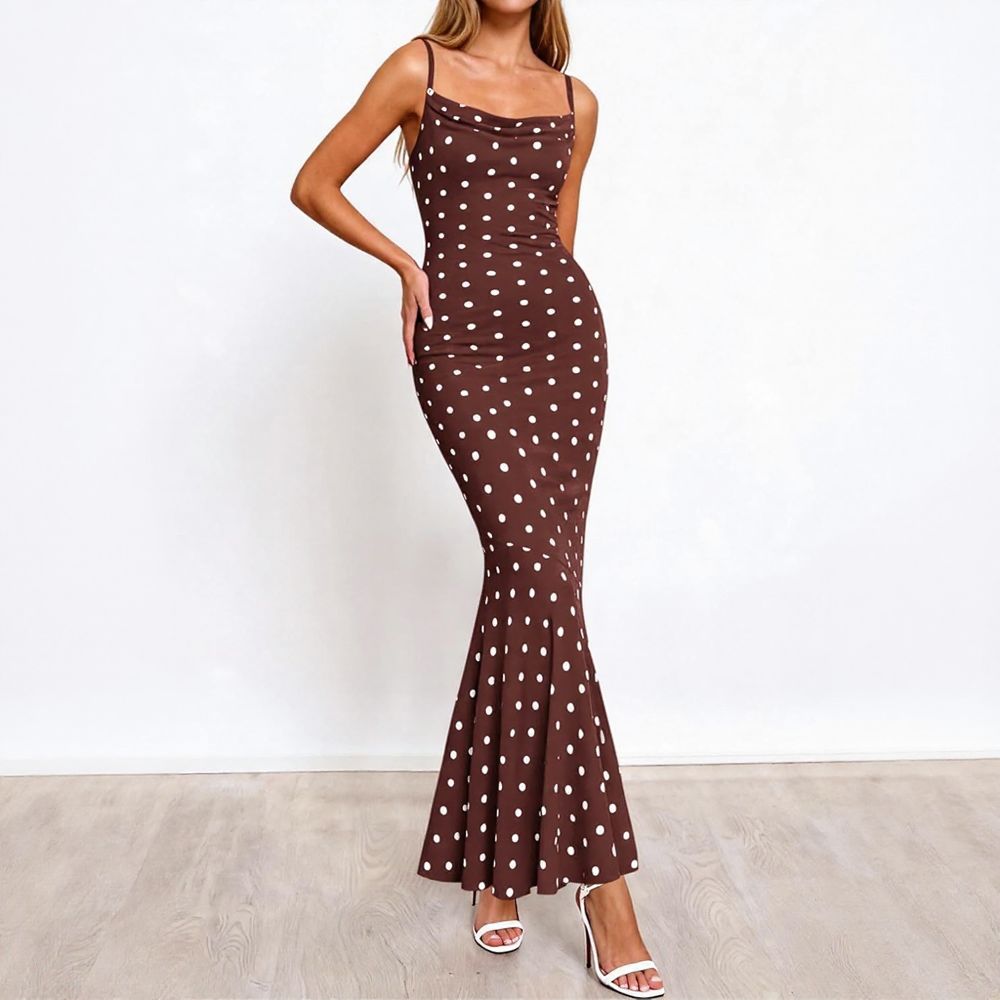 Polka Dot Cowl Neck Fishtail Maxi Dress