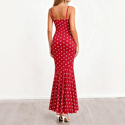 Polka Dot Cowl Neck Fishtail Maxi Dress