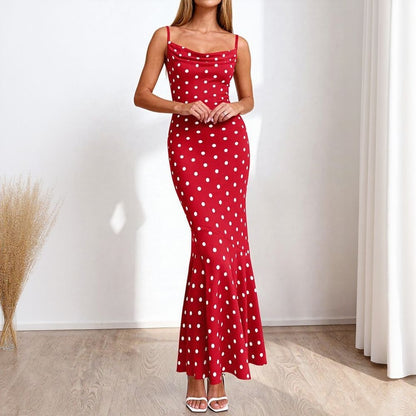 Polka Dot Cowl Neck Fishtail Maxi Dress