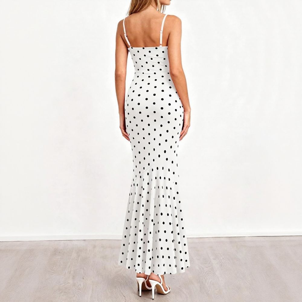 Polka Dot Cowl Neck Fishtail Maxi Dress