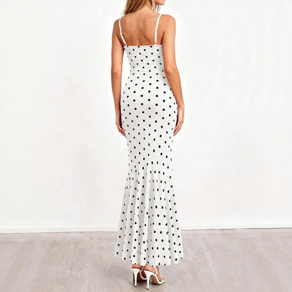 Polka Dot Cowl Neck Fishtail Maxi Dress