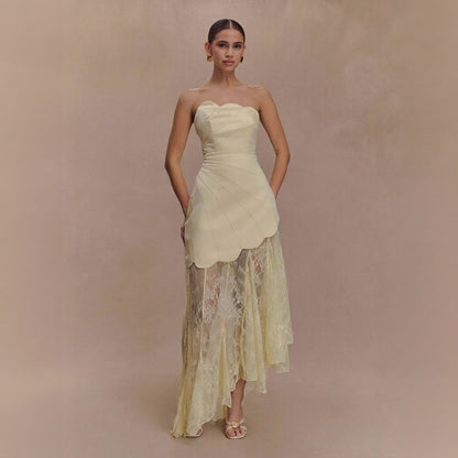 Chic Bandeau Lace Patchwork Sheer Asymmetrical Hem Maxi Dress