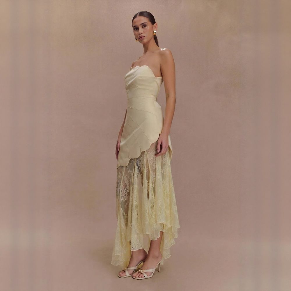Chic Bandeau Lace Patchwork Sheer Asymmetrical Hem Maxi Dress