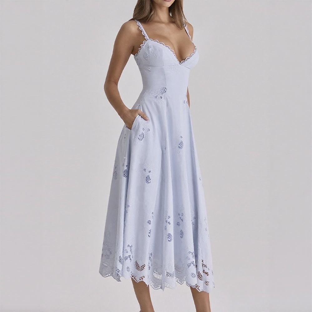 Elegant Lace Cutout Ruffle High Waist Maxi Dress