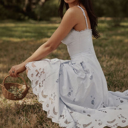 Elegant Lace Cutout Ruffle High Waist Maxi Dress