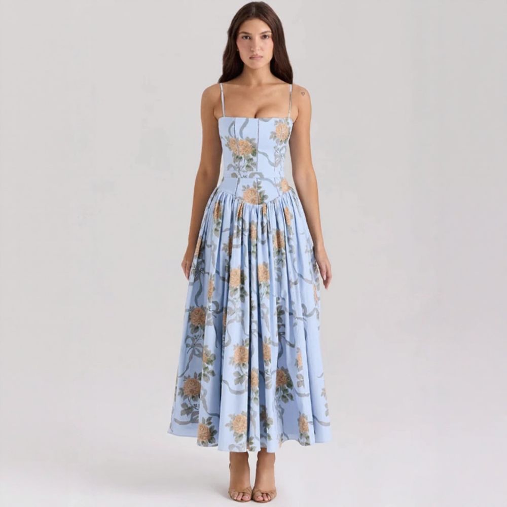 Elegant & Soft Floral Slimming Spaghetti Strap Midi Dress