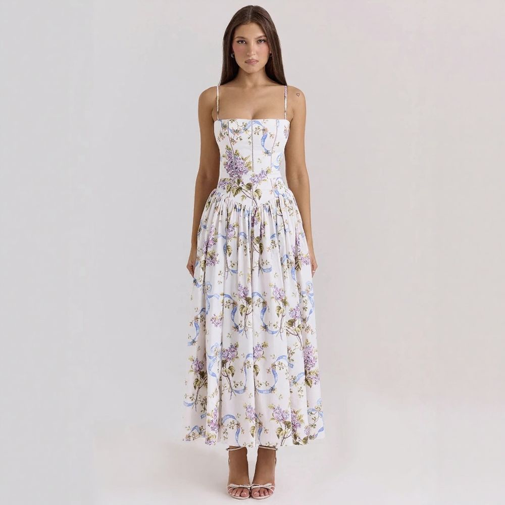 Elegant & Soft Floral Slimming Spaghetti Strap Midi Dress