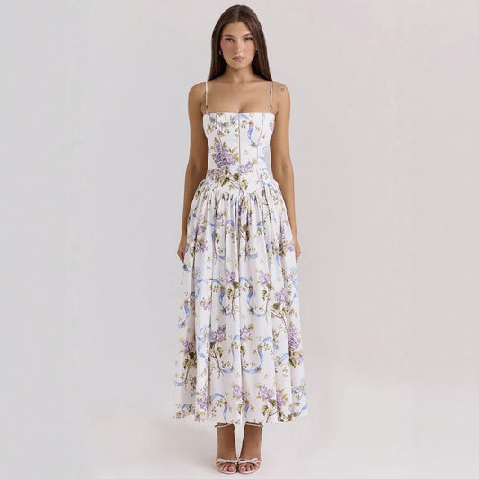 Elegant & Soft Floral Slimming Spaghetti Strap Midi Dress