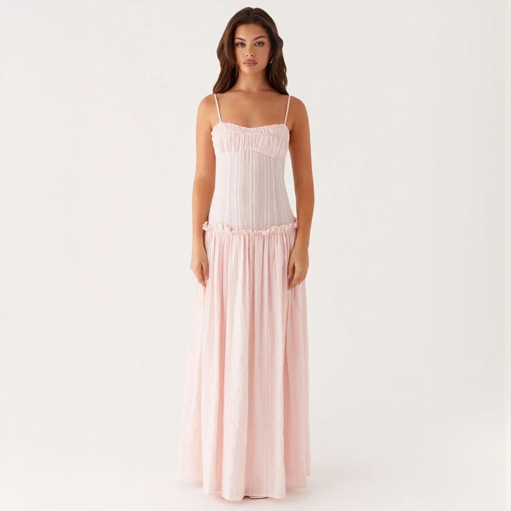 Stylish Ruched Ruffle Spaghetti Strap Long Maxi Dress