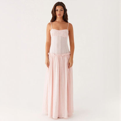 Stylish Ruched Ruffle Spaghetti Strap Long Maxi Dress