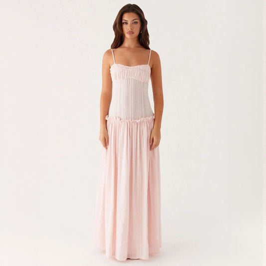 Stylish Ruched Ruffle Spaghetti Strap Long Maxi Dress