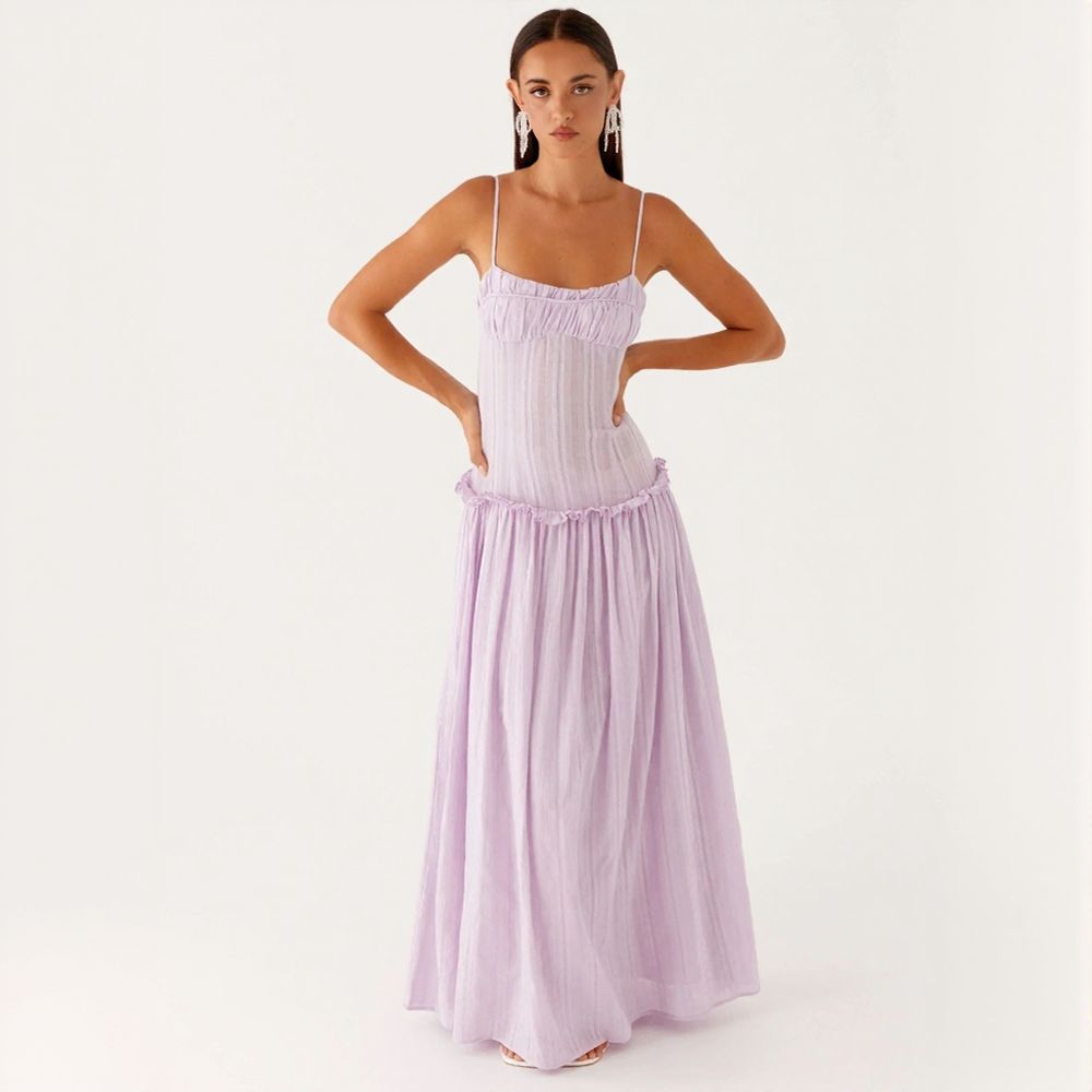 Stylish Ruched Ruffle Spaghetti Strap Long Maxi Dress