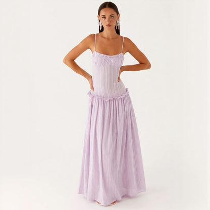 Stylish Ruched Ruffle Spaghetti Strap Long Maxi Dress