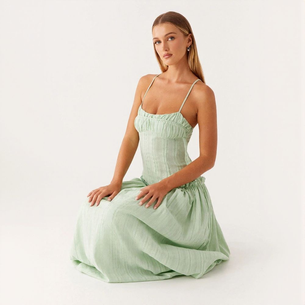 Stylish Ruched Ruffle Spaghetti Strap Long Maxi Dress
