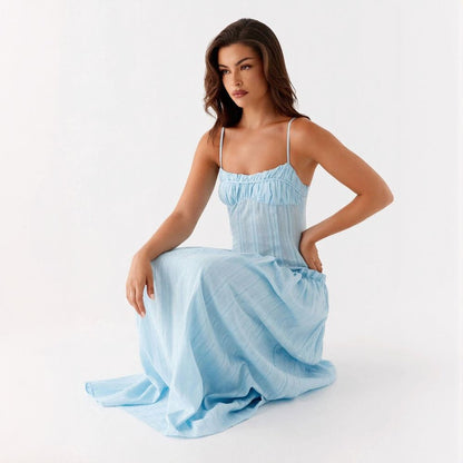 Stylish Ruched Ruffle Spaghetti Strap Long Maxi Dress