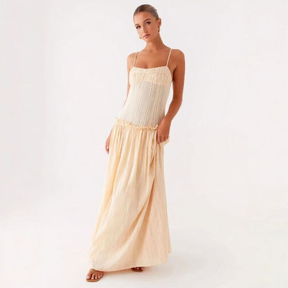 Stylish Ruched Ruffle Spaghetti Strap Long Maxi Dress